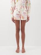 Ale Mais - Annie Impressionist-print Linen-voile Shorts - Womens - Ivory Multi