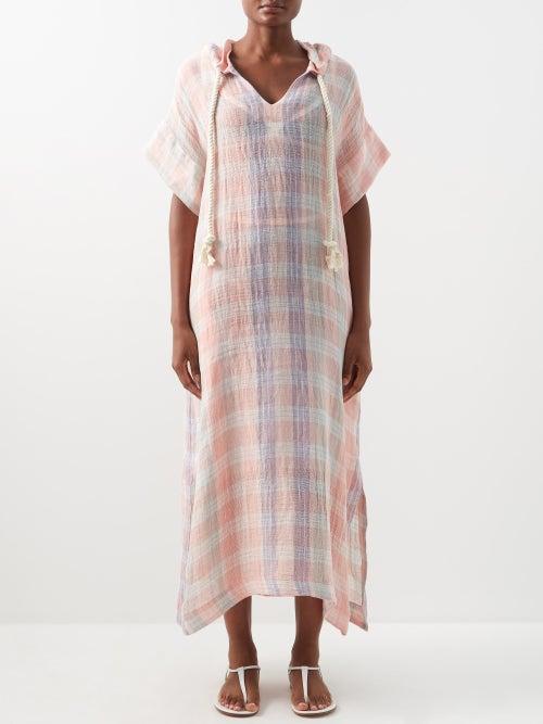 Lisa Marie Fernandez - Drawstring-hood Plaid Linen-blend Kaftan - Womens - Multi