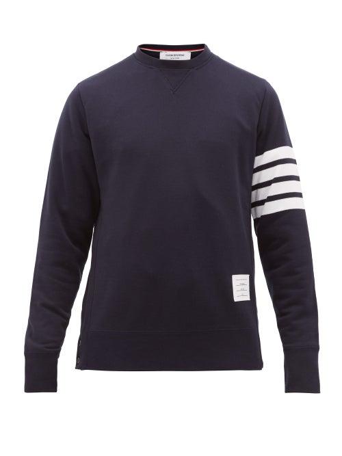 Matchesfashion.com Thom Browne - Four Bar Intarsia Stripe Cotton Sweatshirt - Mens - Navy