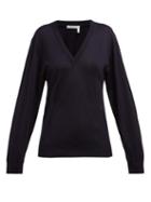 Matchesfashion.com Chlo - Baroque Logo Wool Blend V Neck Sweater - Womens - Navy