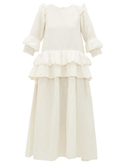Matchesfashion.com Story Mfg - Tulsi Ruffled Linen Blend Midi Dress - Womens - Ivory