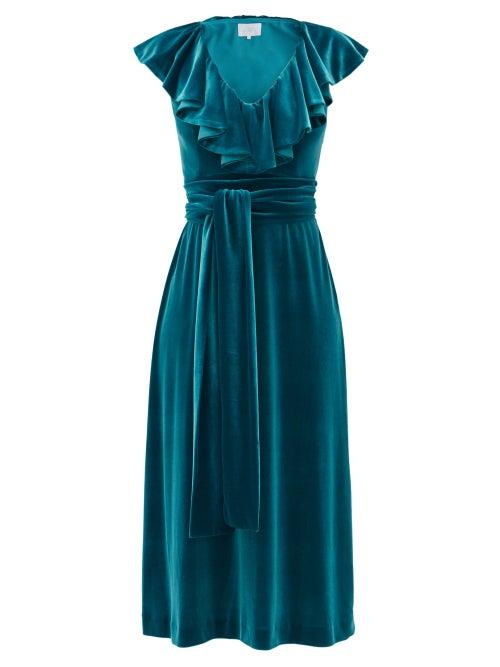 Matchesfashion.com Luisa Beccaria - Tie-waist Ruffled Velvet Midi Dress - Womens - Dark Green