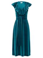 Matchesfashion.com Luisa Beccaria - Tie-waist Ruffled Velvet Midi Dress - Womens - Dark Green