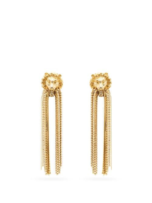 Matchesfashion.com Gucci - Lion Crystal-fringed Clip Earrings - Womens - Gold