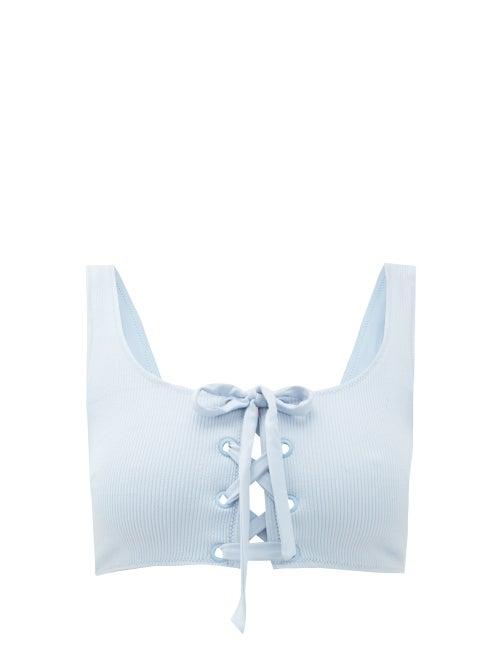 Matchesfashion.com Ganni - Lace-up Ribbed Bikini Top - Womens - Light Blue