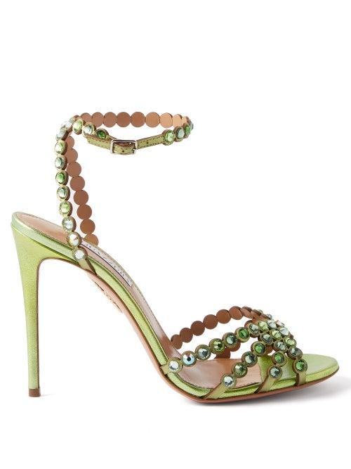 Aquazzura - Tequila 105 Crystal-embellished Leather Sandals - Womens - Green