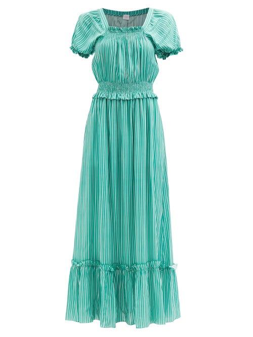 Loretta Caponi - Stefania Shirred Striped Poplin Dress - Womens - Green Stripe