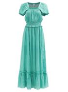 Loretta Caponi - Stefania Shirred Striped Poplin Dress - Womens - Green Stripe