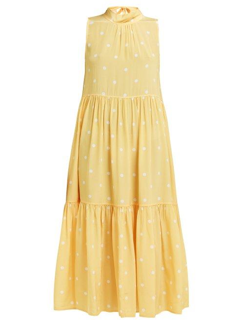 Matchesfashion.com Asceno - Polka Dot Tiered Silk Crepe Midi Dress - Womens - Yellow
