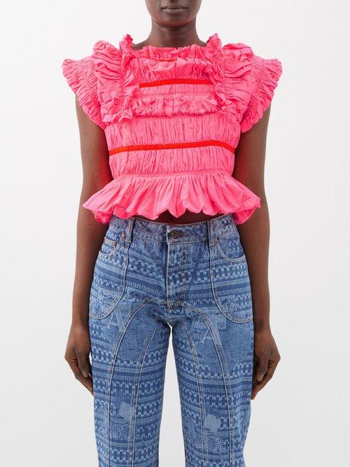 Molly Goddard - Belle Ruffled Smocked Taffeta Top - Womens - Pink