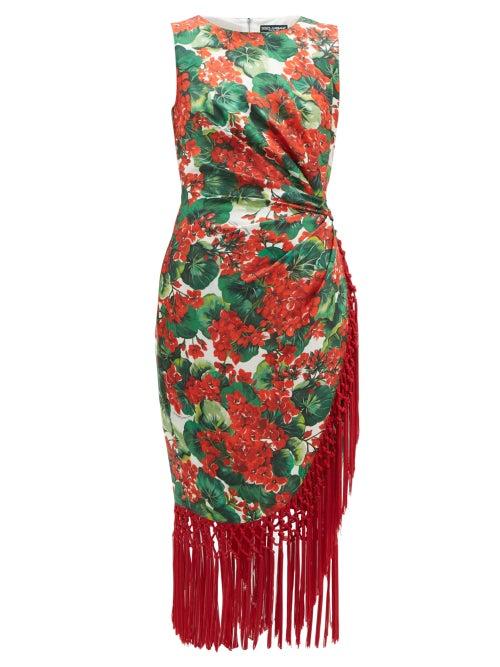 Matchesfashion.com Dolce & Gabbana - Geranium Print Tasselled Silk Blend Dress - Womens - Red Multi