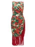 Matchesfashion.com Dolce & Gabbana - Geranium Print Tasselled Silk Blend Dress - Womens - Red Multi
