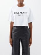 Balmain - Logo-print Cropped Organic Cotton T-shirt - Womens - White Black