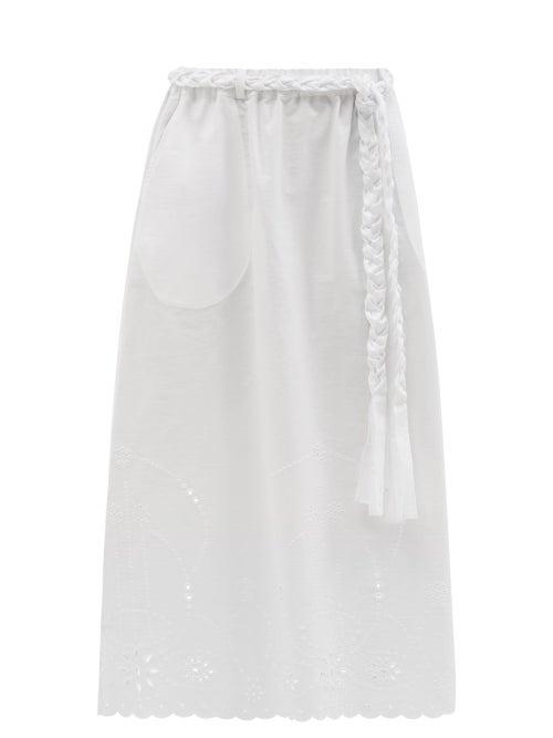 Ladies Beachwear Belize - Amia Belted Broderie-anglaise Cotton Midi Skirt - Womens - White