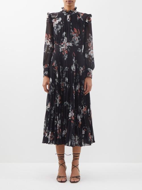 Erdem - Narella Floral-print Pleated-voile Midi Dress - Womens - Black Multi