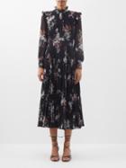 Erdem - Narella Floral-print Pleated-voile Midi Dress - Womens - Black Multi