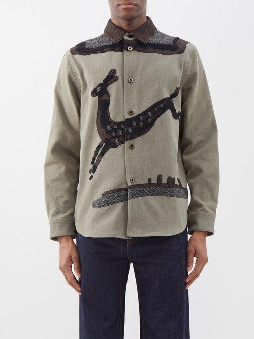 Loewe - Deer Suede-appliqu Denim Overshirt - Mens - Green Brown
