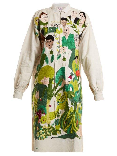 Matchesfashion.com Kilometre Paris - Place Monge Embroidered Linen Shirtdress - Womens - White Multi