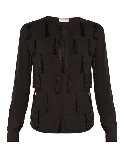 Matchesfashion.com Saint Laurent - Tasselled Front Tie Neck Blouse - Womens - Black