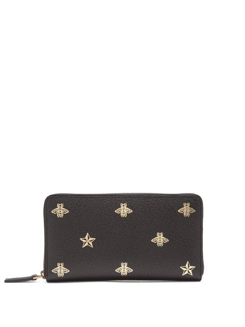 Matchesfashion.com Gucci - Bee Print Zip Around Leather Travel Wallet - Mens - Black Multi