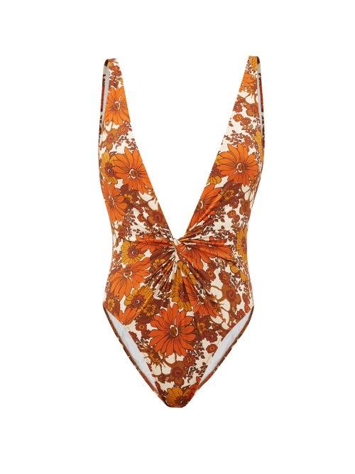 Matchesfashion.com Dodo Bar Or - Rylee Plunge-neck Floral-print Swimsuit - Womens - Brown Print
