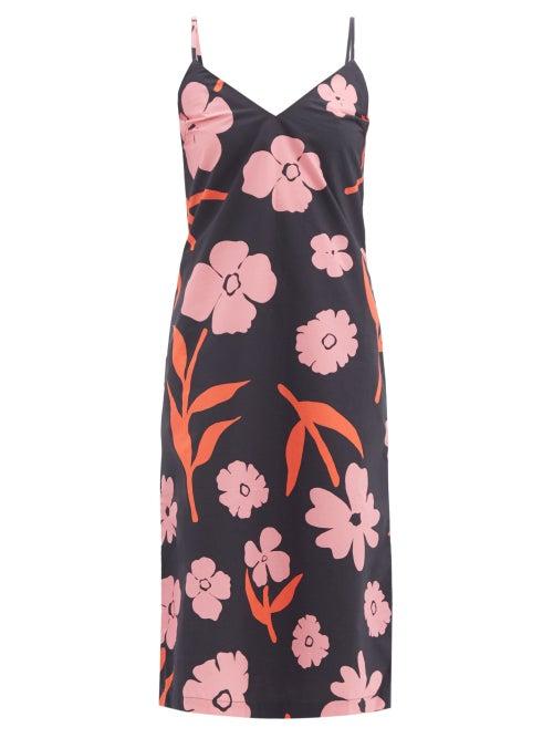 Matchesfashion.com Cala De La Cruz - Rafaela Floral-print Cotton-poplin Midi Dress - Womens - Navy Multi
