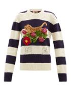 Gucci - Tiger-embroidered Striped Wool Sweater - Womens - Navy Stripe