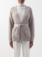 Allude - V-neck Belted Ribbed Wool-blend Cardigan - Womens - Dark Beige