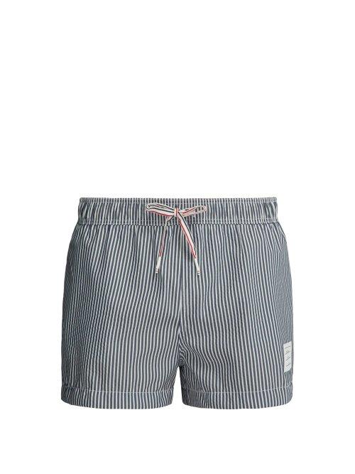 Matchesfashion.com Thom Browne - Striped Seersucker Swim Shorts - Mens - Navy