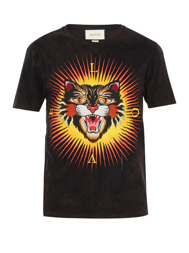 Gucci Angry Cat-embroidered Cotton T-shirt
