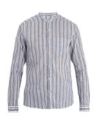 Oliver Spencer Granddad-collar Striped Cotton-blend Shirt