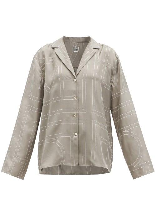 Ladies Rtw Totme - Logo-embroidered Silk-satin Shirt - Womens - Mid Grey