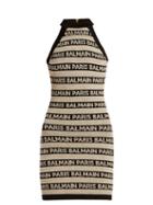 Matchesfashion.com Balmain - Logo Intarsia Knitted Mini Dress - Womens - Beige Multi