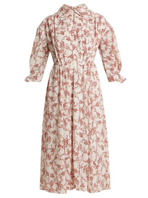 Matchesfashion.com Emilia Wickstead - Narmina Floral Print Point Collar Crepe Dress - Womens - Red White