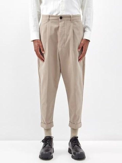 Ami - Pleated Cotton Tapered-leg Trousers - Mens - Beige