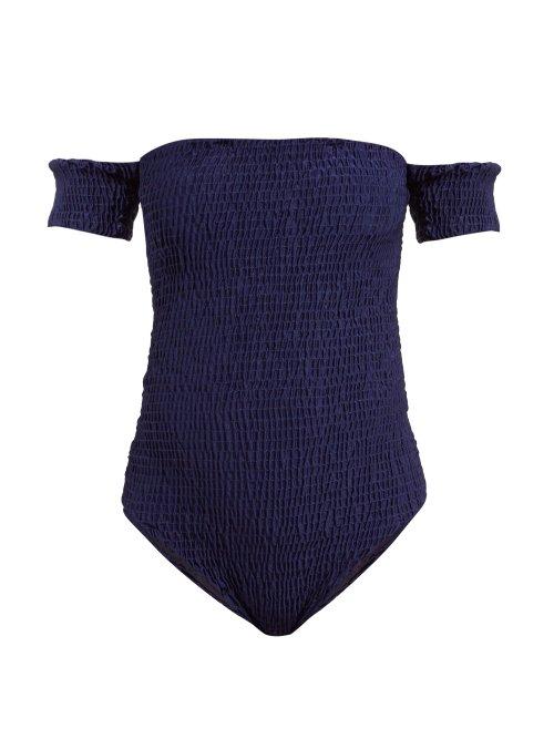 Matchesfashion.com Solid & Striped - The Maria Off The Shoulder Shirred Swimsuit - Womens - Navy