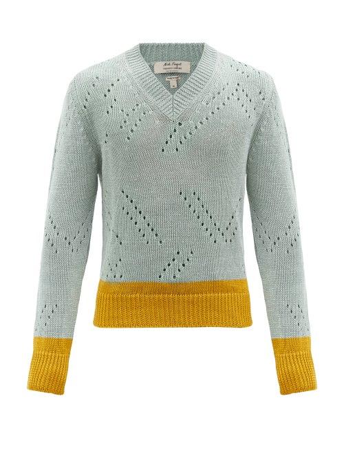 Nick Fouquet - V-neck Eyeletted-linen Sweater - Mens - Light Blue