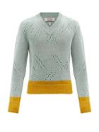 Nick Fouquet - V-neck Eyeletted-linen Sweater - Mens - Light Blue
