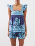 Juliet Dunn - Square-neck Floral-print Cotton Top - Womens - Blue Multi