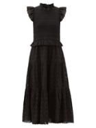Matchesfashion.com Sea - Ingrid Shirred Broderie-anglaise Cotton Midi Dress - Womens - Black