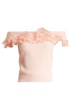 Matchesfashion.com Alexander Mcqueen - Ruffle Trim Off The Shoulder Top - Womens - Light Pink