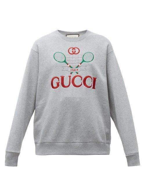 Matchesfashion.com Gucci - Tennis Logo Embroidered Cotton Sweatshirt - Womens - Grey Multi