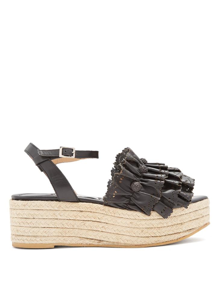 Rue St. Nova Laser-cut Ruffled Leather Flatform Sandals