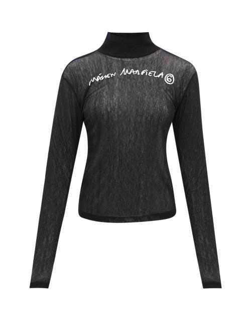 Ladies Rtw Mm6 Maison Margiela - Logo-print Stand-neck Jersey And Mesh Top - Womens - Black