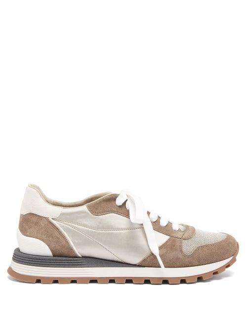 Matchesfashion.com Brunello Cucinelli - Monili-chain Suede And Satin Trainers - Womens - Brown Multi