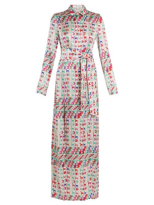 Matchesfashion.com Galvan - Andina Llama Print Silk Satin Shirtdress - Womens - White Multi