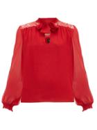 Matchesfashion.com Giambattista Valli - Lace Panel Pussybow Silk Blouse - Womens - Red