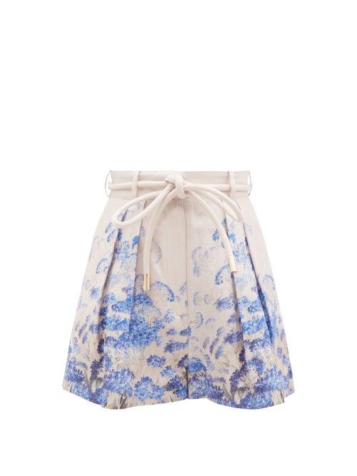 Matchesfashion.com Zimmermann - Luminous Floral-print Linen-canvas Shorts - Womens - Blue Print