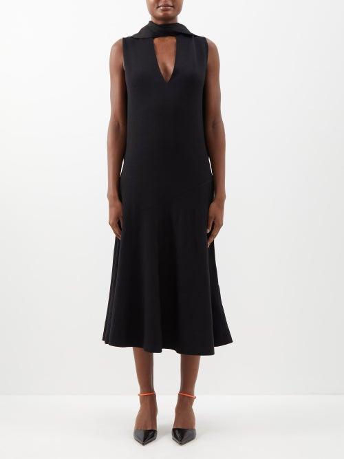 Jil Sander - Scarf V-neck Wool-blend Midi Dress - Womens - Black