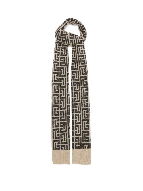 Balmain - Monogram-jacquard Wool-blend Scarf - Womens - Black Multi